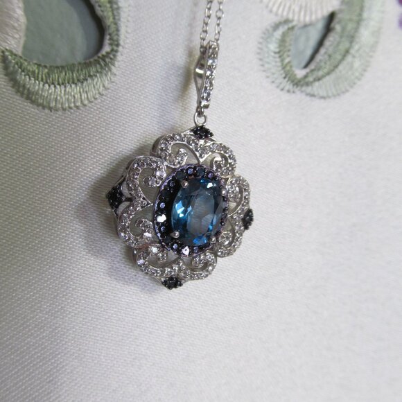 London Blue, White Topaz, & Blue Diamond Necklace - Pendant & Chain NIP - Picture 1 of 16